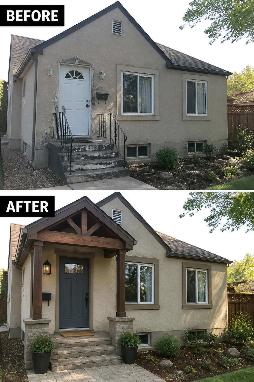Before-and-after image of a house exterior showing a plain entry updated with a new wood porch overhang, columns, dark front door, and stone step accents.