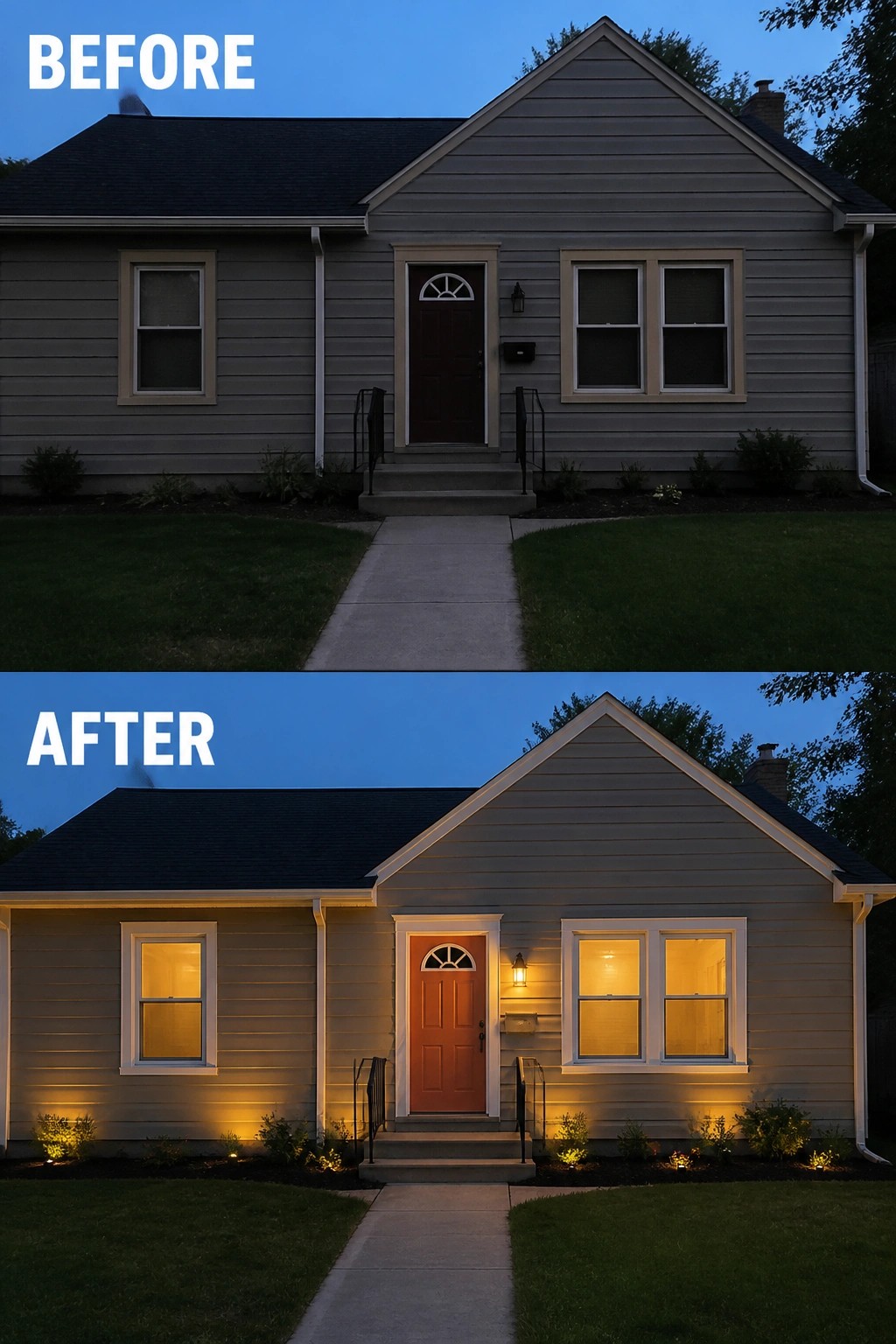 Before and after views of gray house at dusk with added lighting and orange door