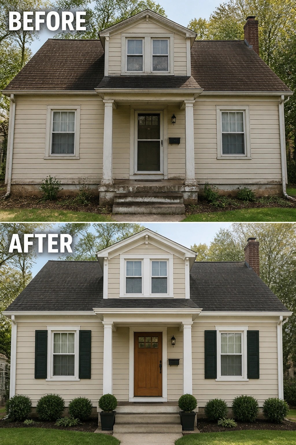 Before and after of beige house with new shutters, door, and landscaping.