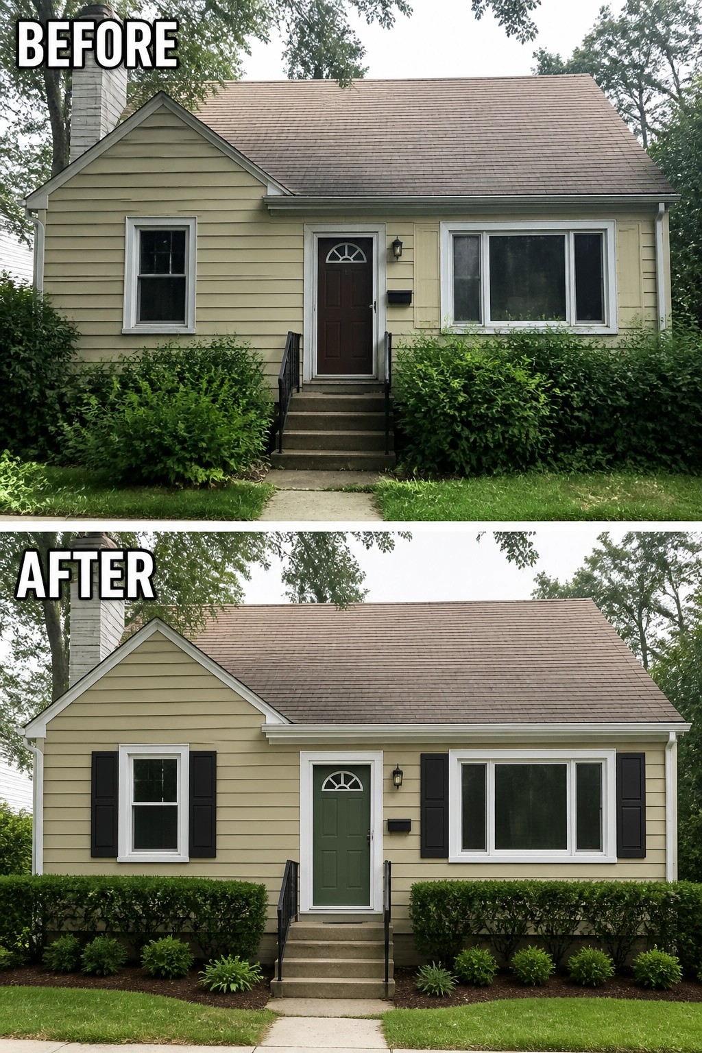 Before and after of house with new green door, black shutters, and landscaping