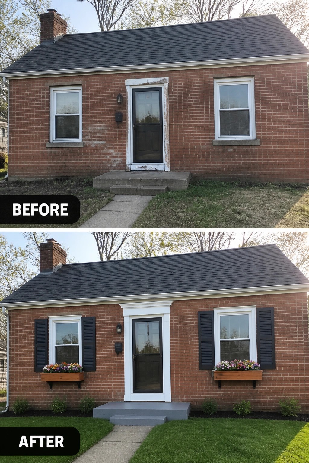 Before and after of brick house with added black shutters and flower boxes.