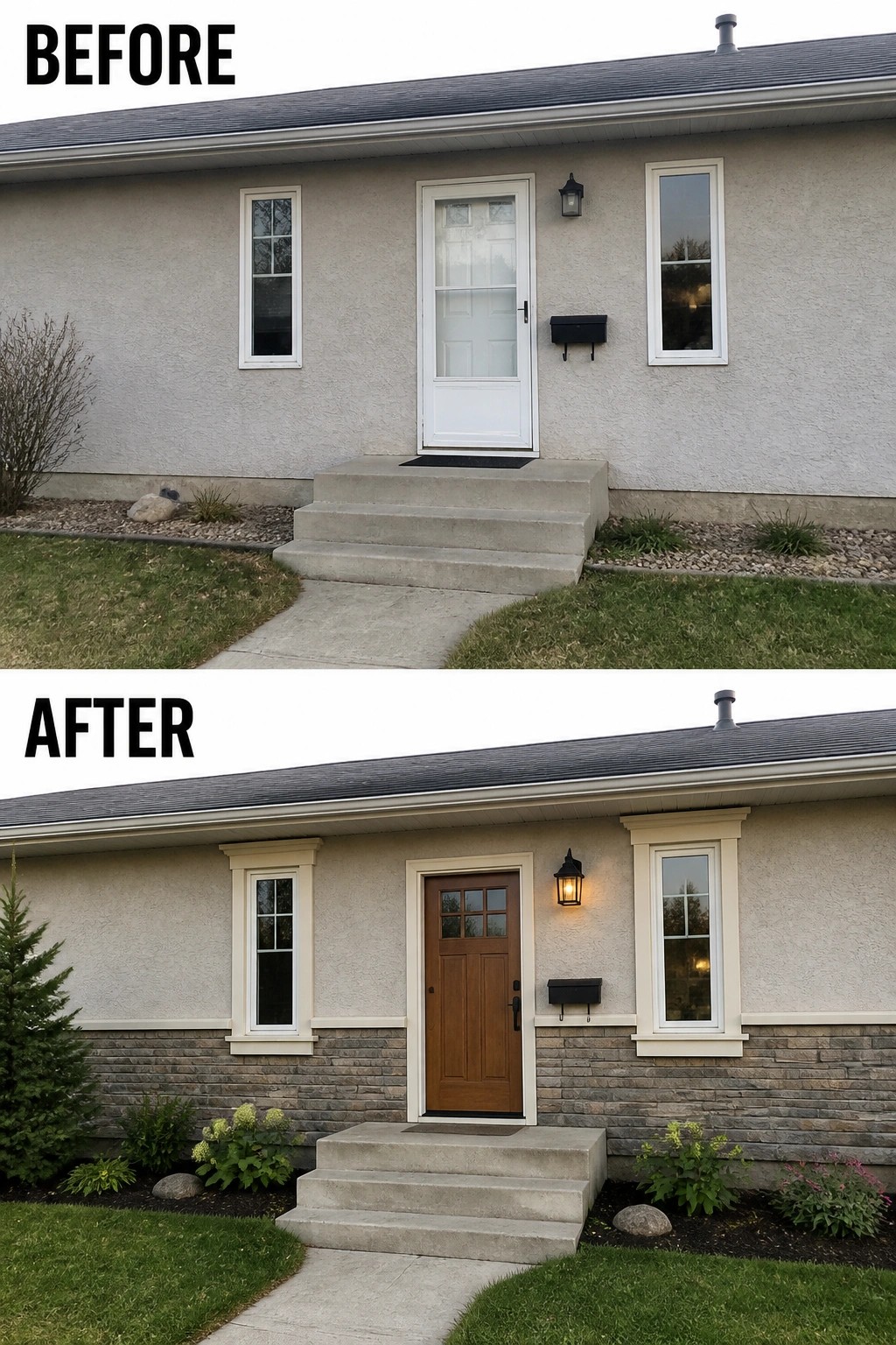 Before and after house exterior with new door, stone siding, and landscaping.