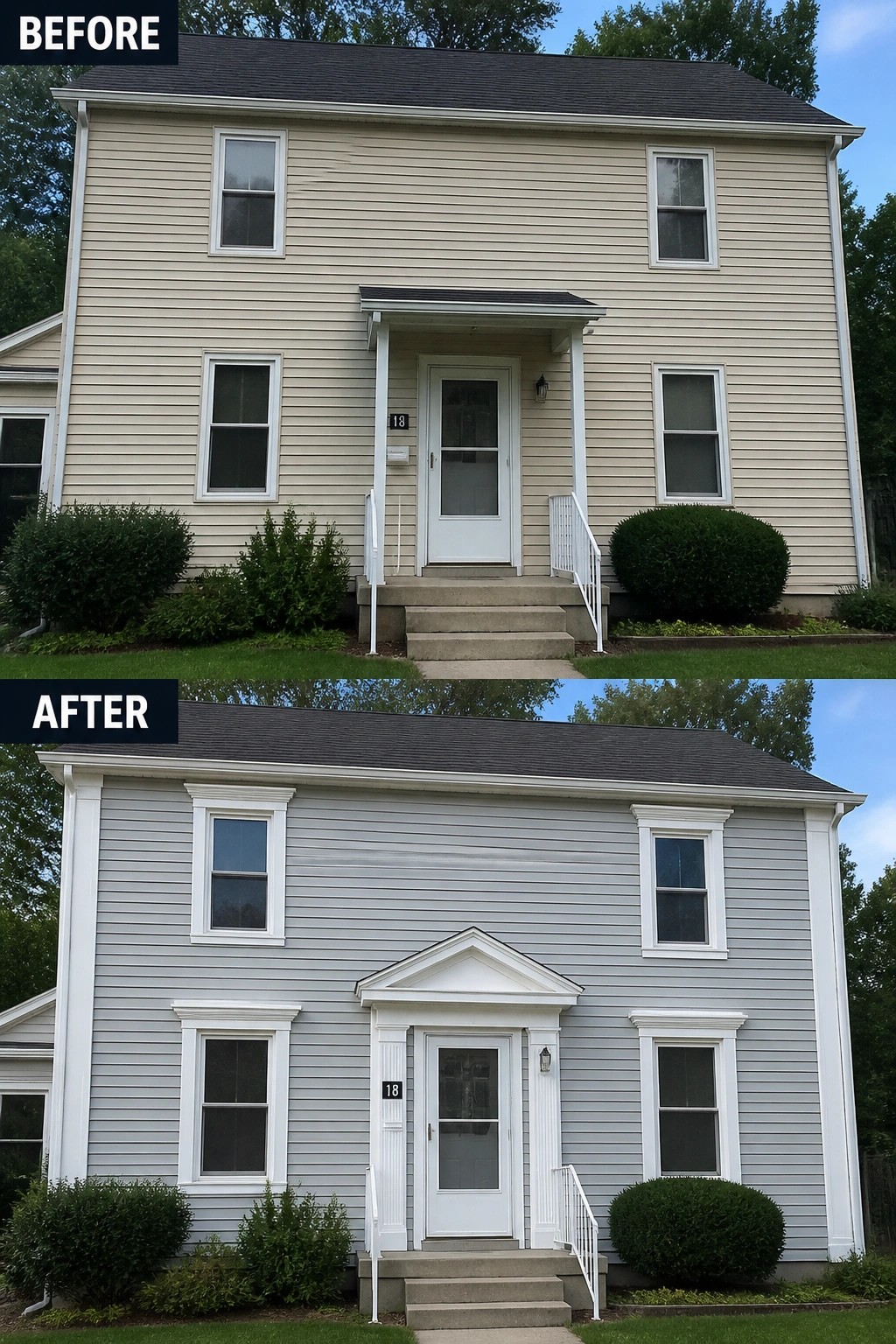 Before-and-after image of a house exterior updated from beige siding to gray with a new triangular pediment added above the front door.