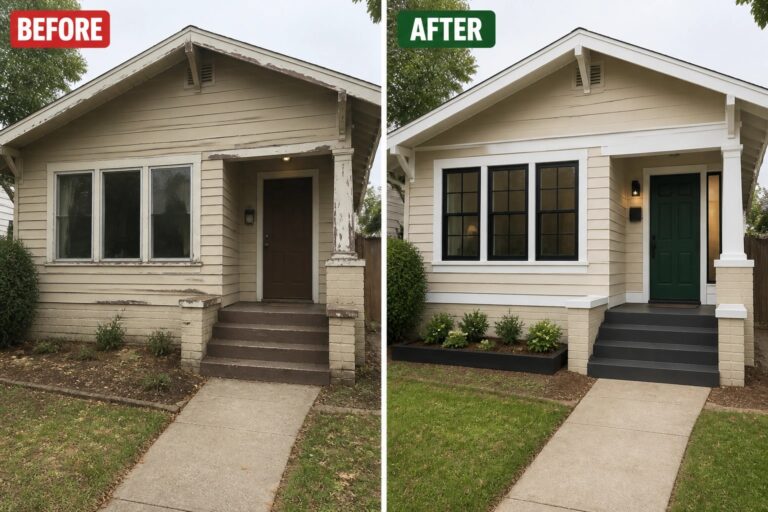 Before-and-after image of a house exterior showing updated white trim, black window frames, a green front door, and added planters along the foundation.