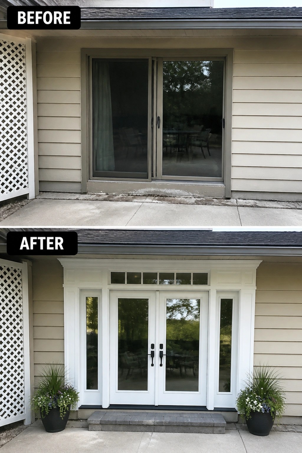 Before and after of beige house with new white double doors and potted plants.