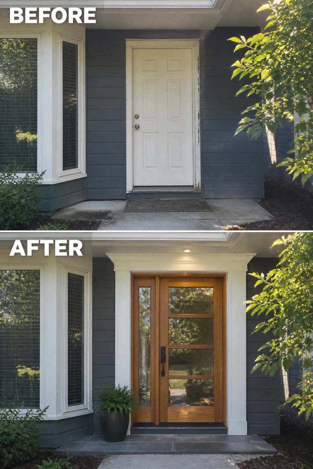Before and after of gray house entry with new wood-and-glass door and white trim