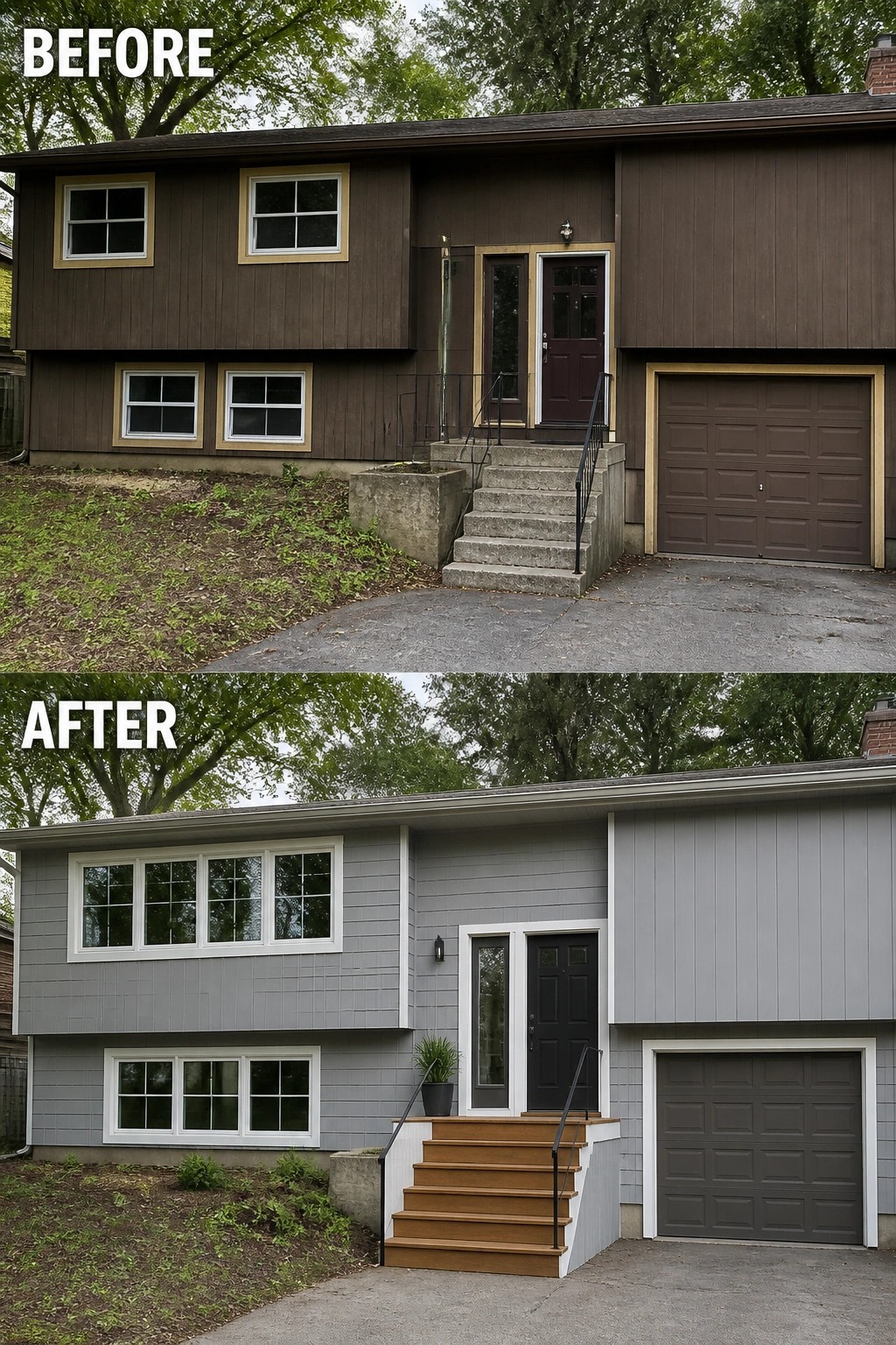 Before-and-after image of a house exterior changed from dark brown siding with yellow trim to light gray siding with white trim, new wooden stairs, and an updated entry.