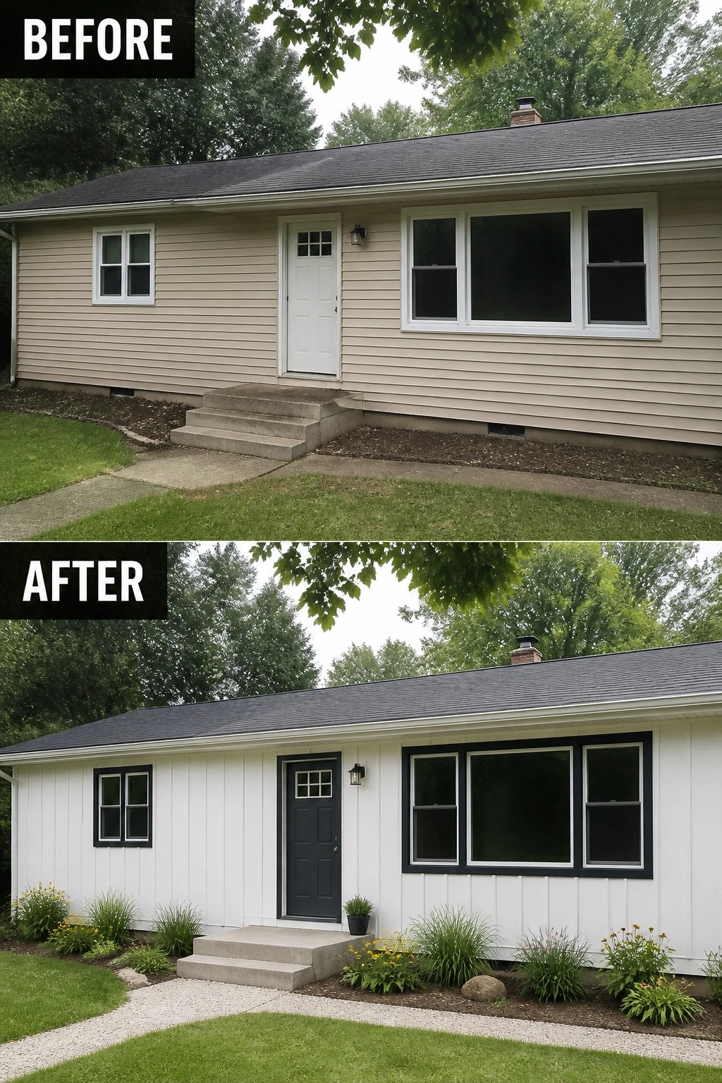Before-and-after image of a house exterior updated with white siding, black window trim, a dark front door, and added landscaping.