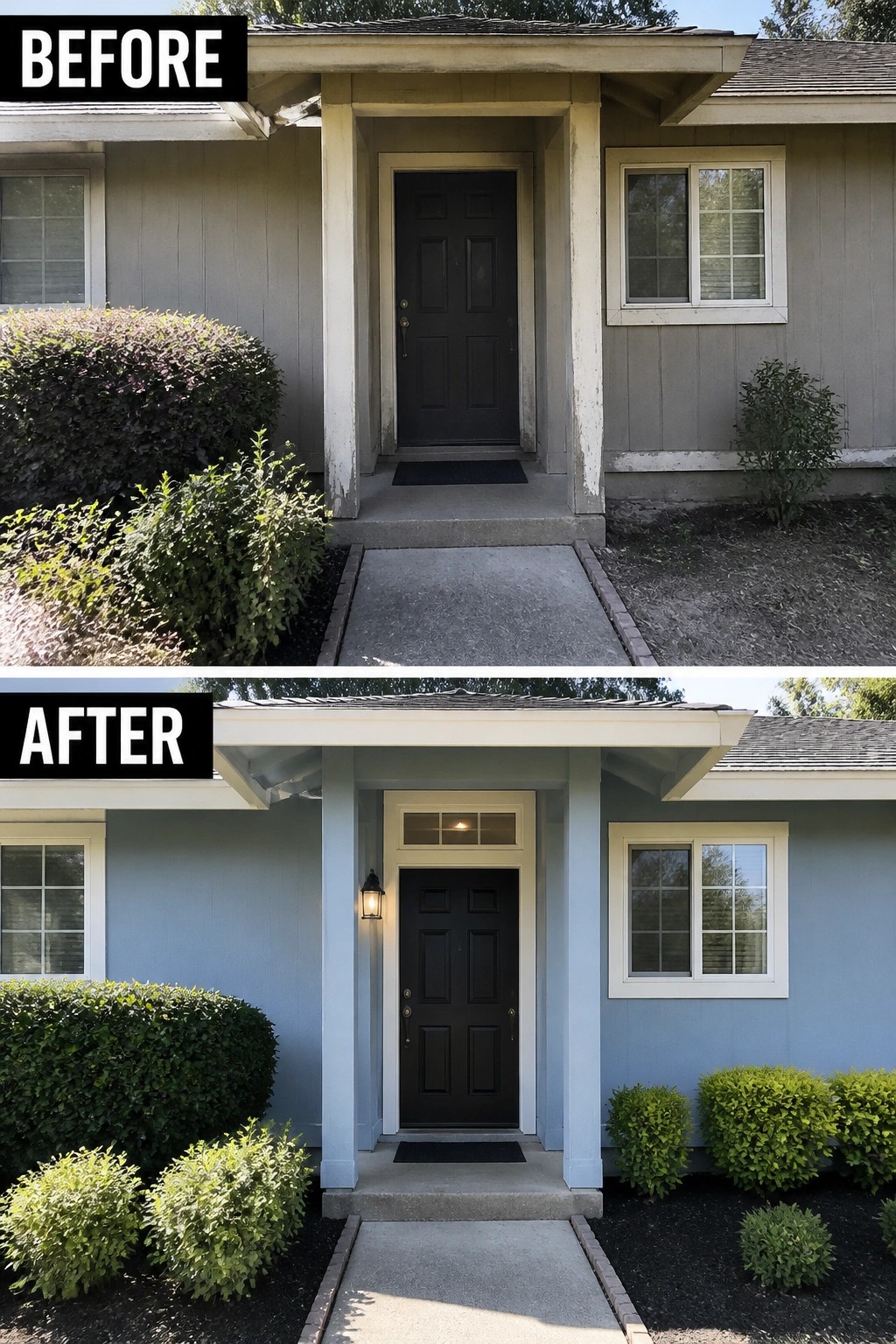 Before and after house entrance with blue paint and refreshed landscaping