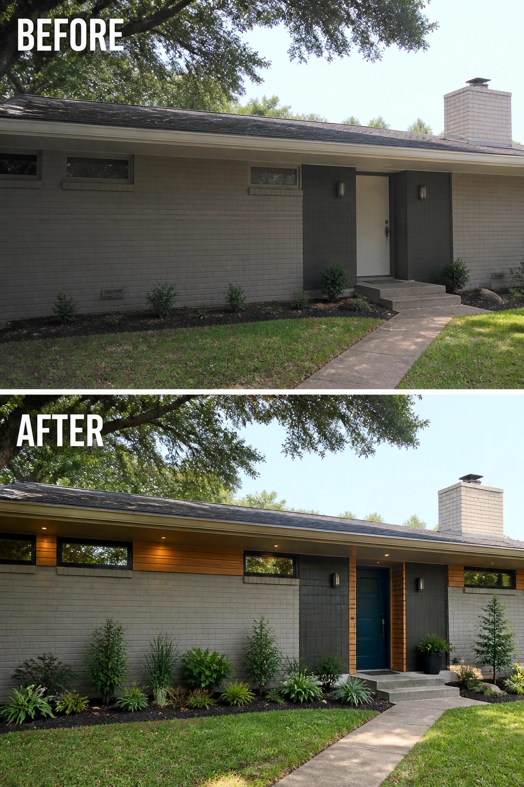 Before and after views of renovated brick house with blue door and updated landscaping