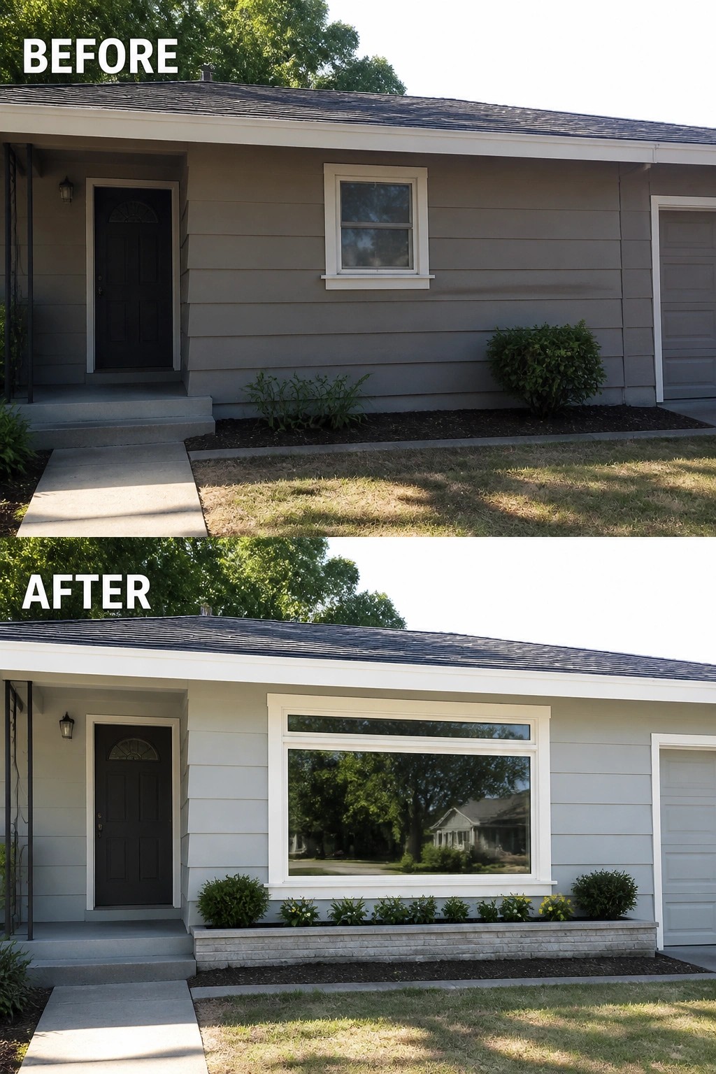 Before and after house exterior with new large window and updated landscaping