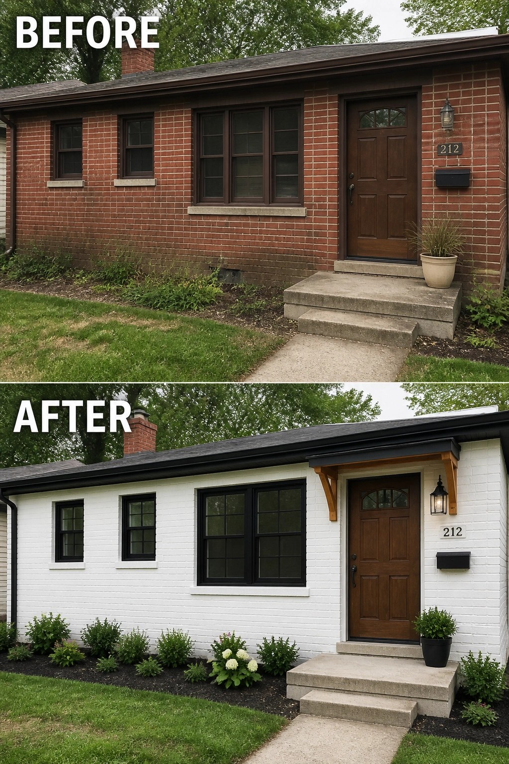 Before and after of red brick house repainted white with black trim and landscaping updates.
