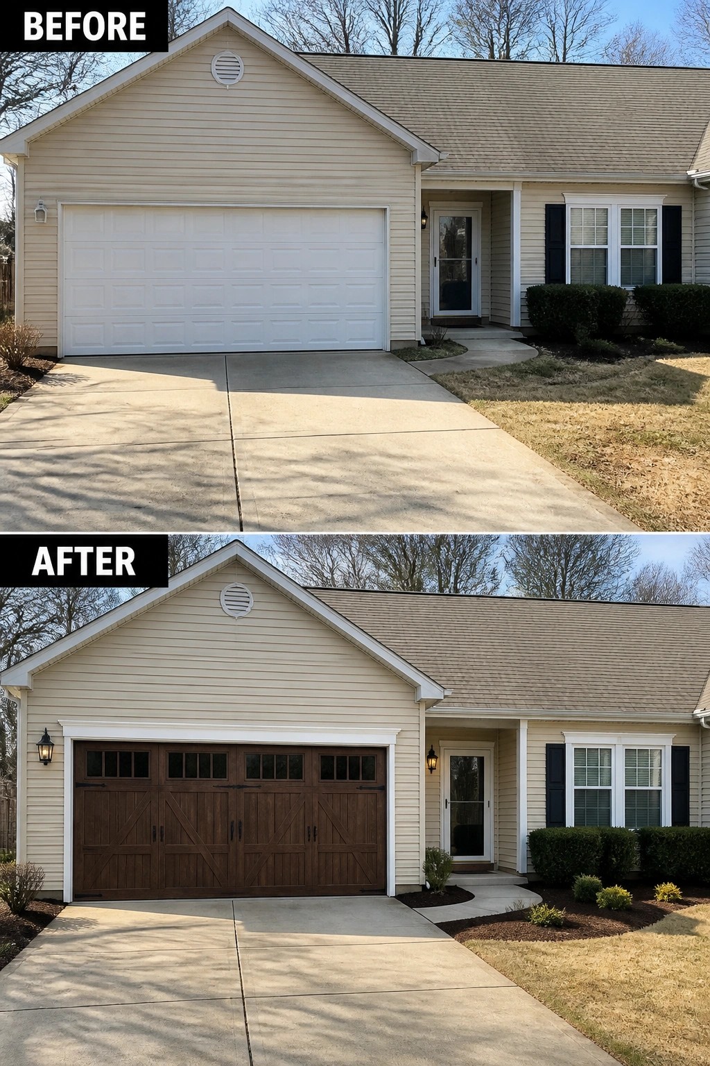 Before-and-after image of a house exterior showing a plain white garage door replaced with a dark wood-style door that has windows, plus new exterior lights added near the entry.