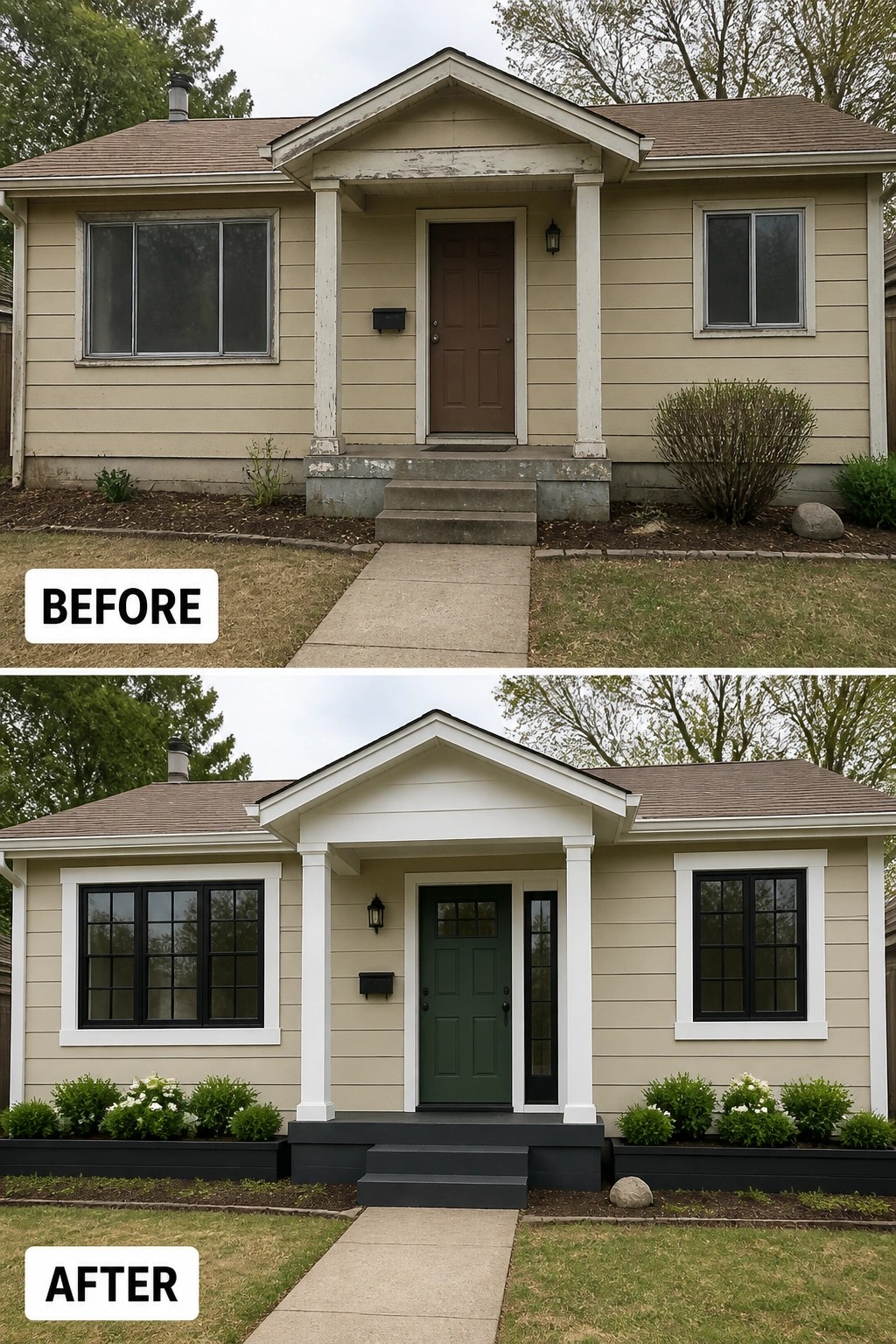 Before-and-after image of a house exterior showing updated white trim, black window frames, a green front door, and added planters along the foundation.