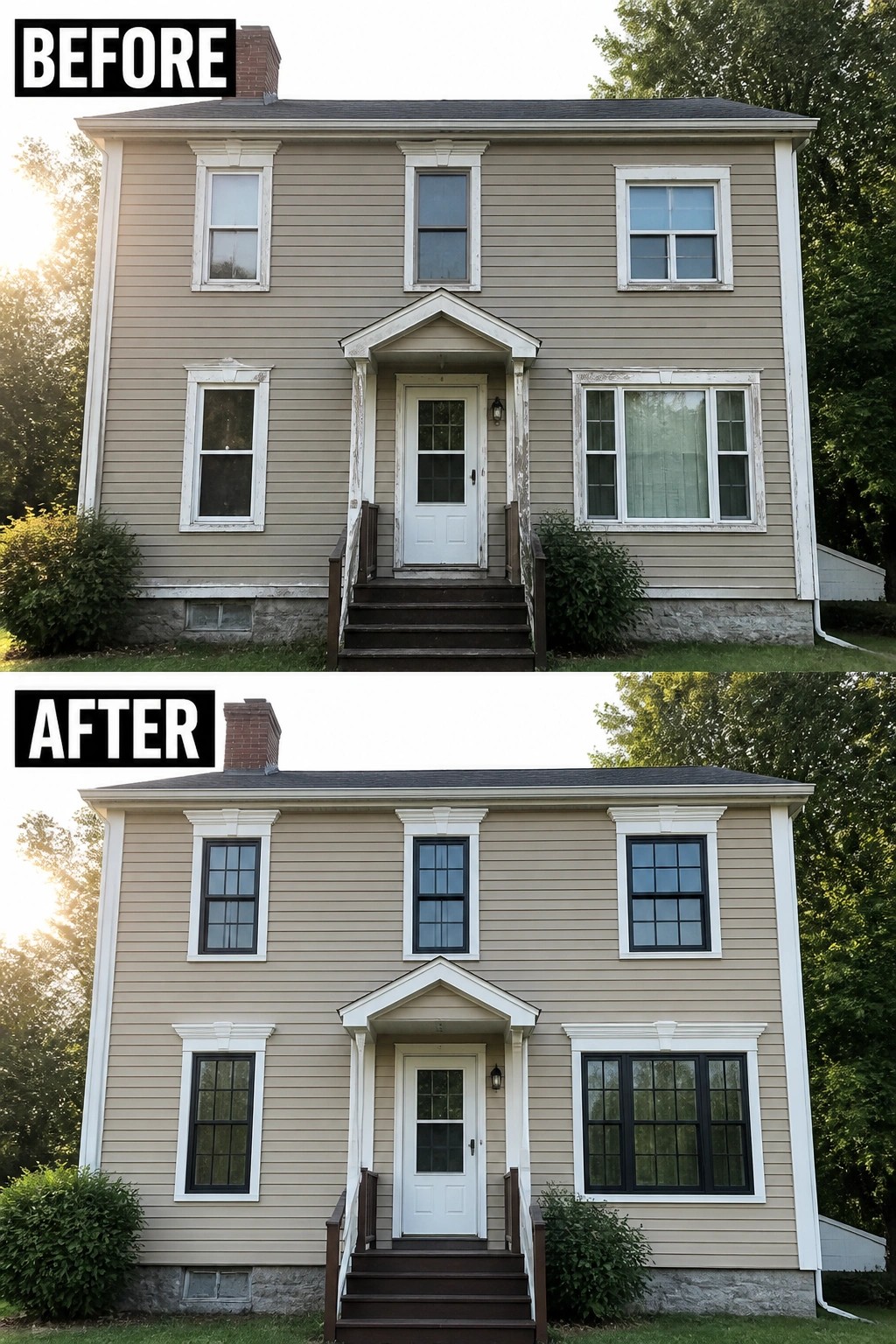 Before-and-after house exterior with updated black windows and fresh white trim.