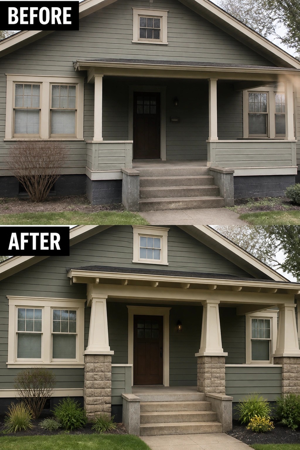 Before-and-after image of a house front porch showing thin columns replaced with thicker columns set on stone bases and updated trim around the entry.