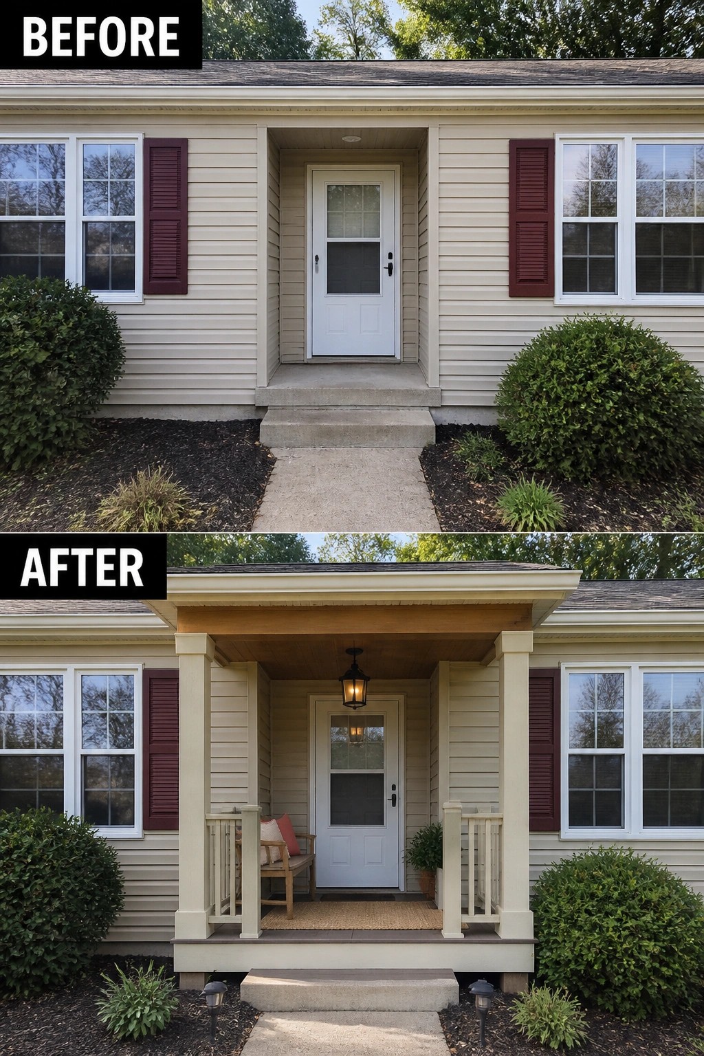 Before-and-after image of a plain house entry updated with a new covered porch, columns, bench, rug, and hanging light.