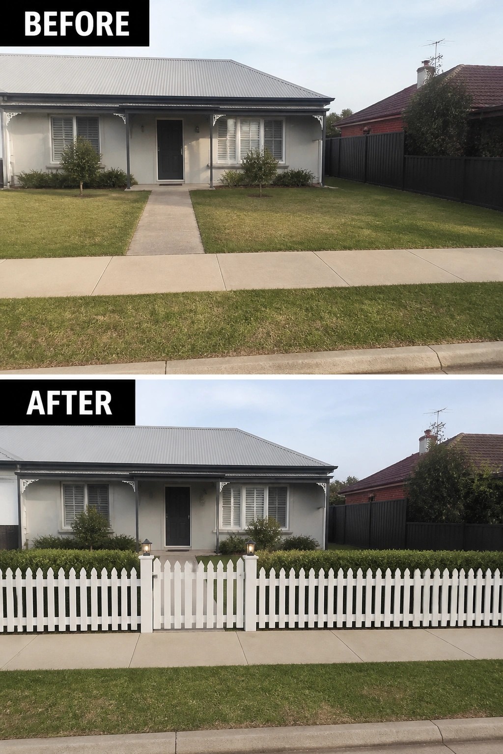 Before-and-after image of a house exterior showing an open front yard changed by the addition of a white picket fence and hedge.