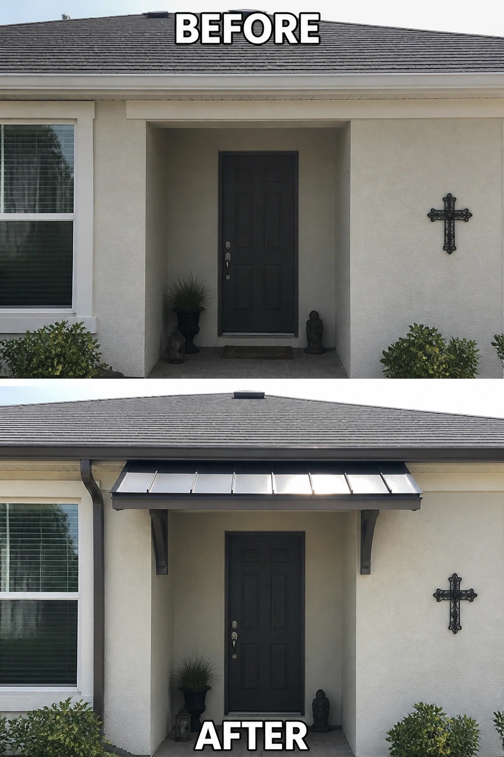Before and after view of house entrance with added metal awning over dark door.