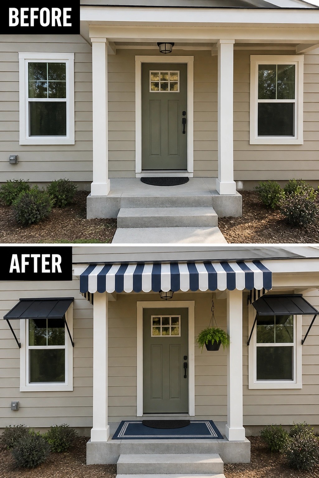Before-and-after image of a plain house entry updated with a blue and white striped awning over the door, black window awnings, and a new doormat.