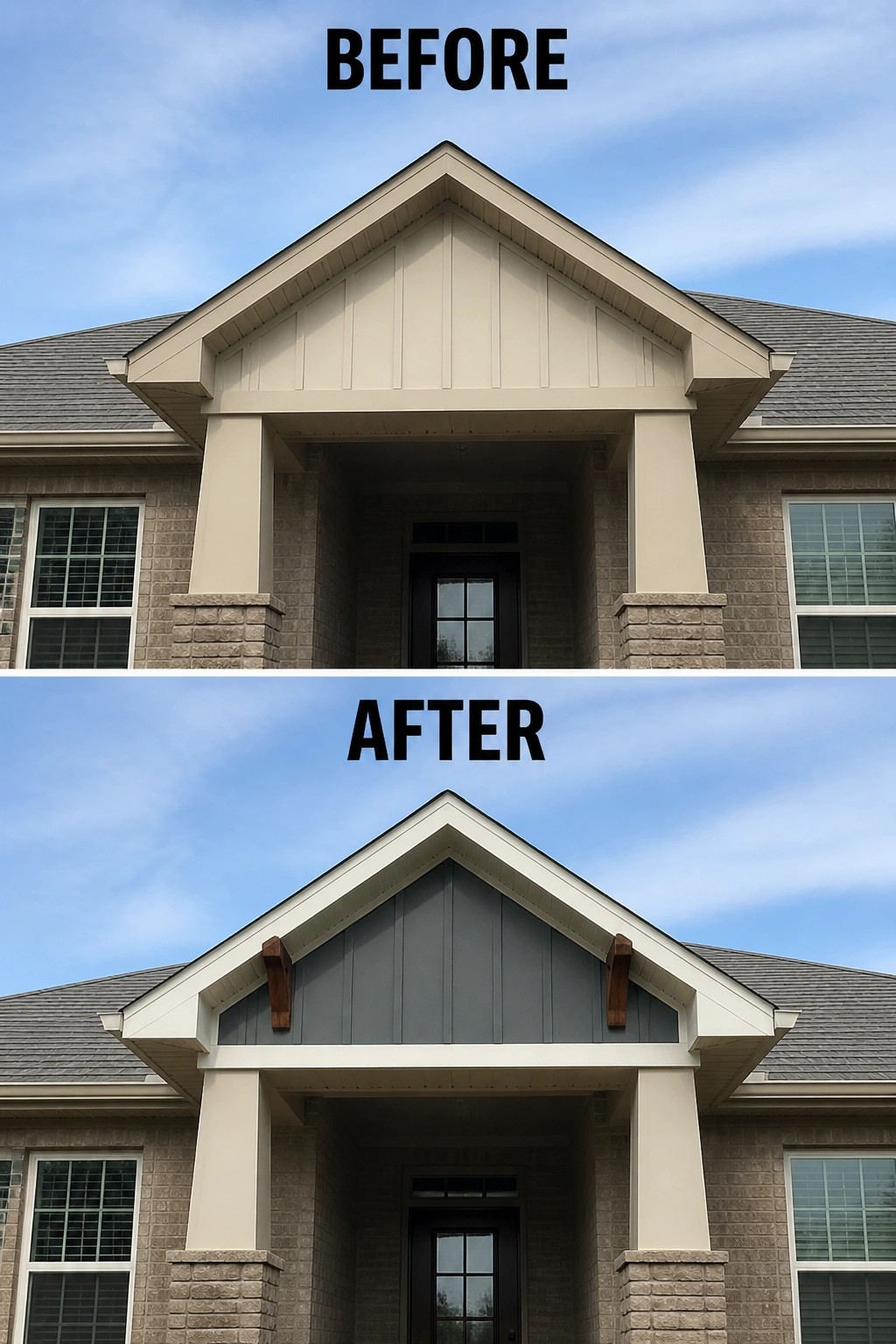 Before and after house gable with new gray panels and wooden brackets