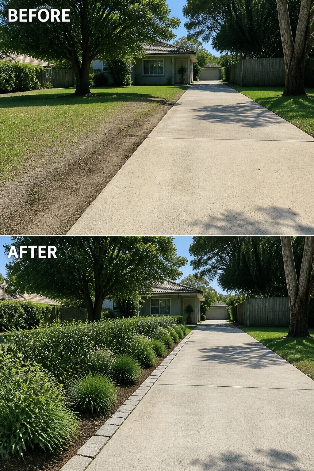 House driveway before and after adding lush plants and shrubs along the side.