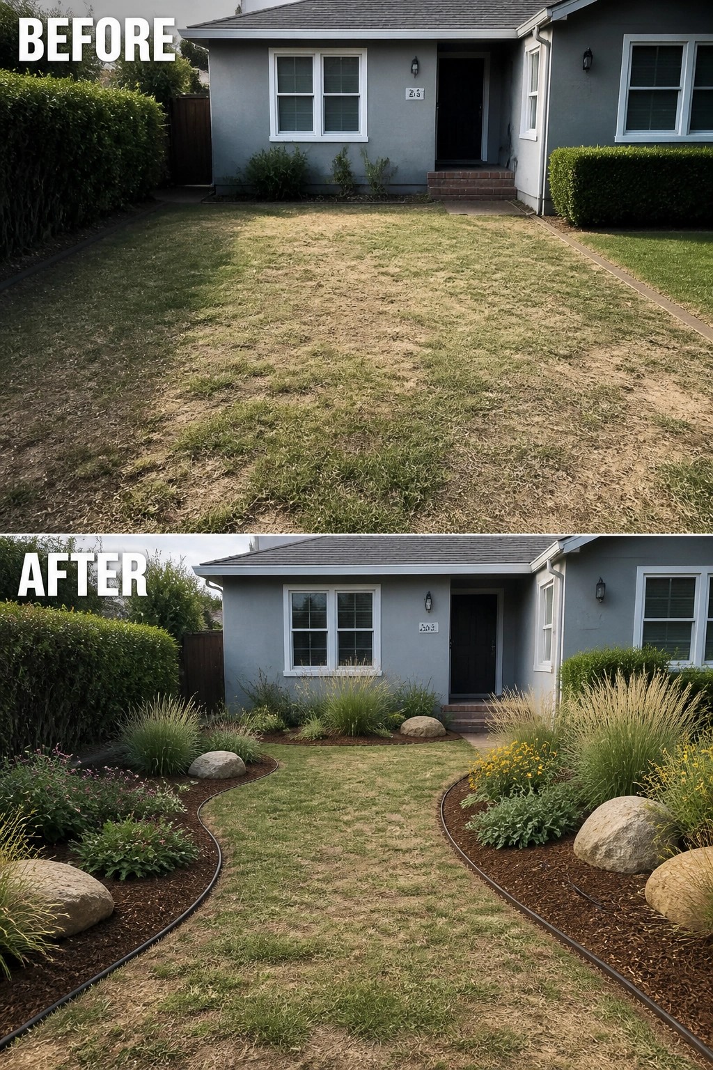 Before and after of dry lawn transformed into landscaped garden with plants and rocks.