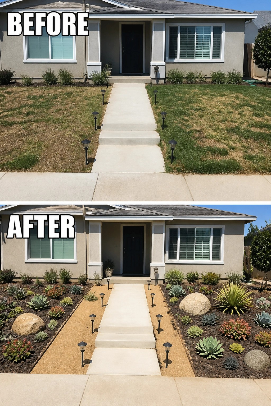 Before and after front yard makeover from patchy lawn to succulent rock garden