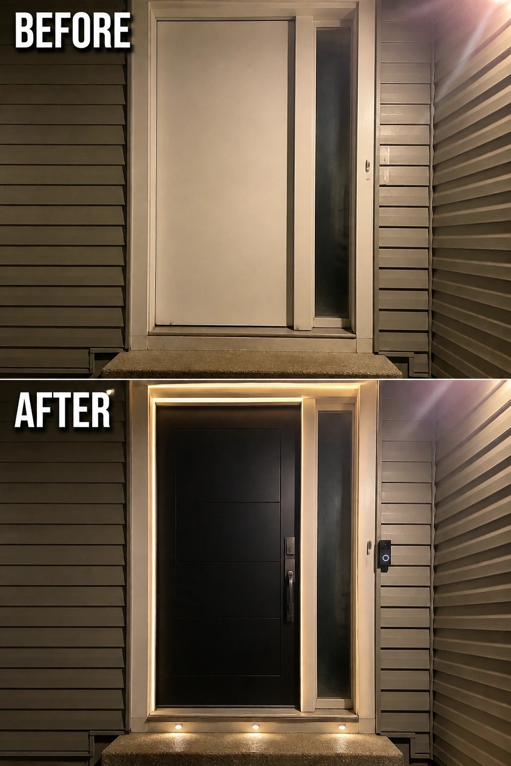 Before and after of gray door repainted black with added LED frame lighting.