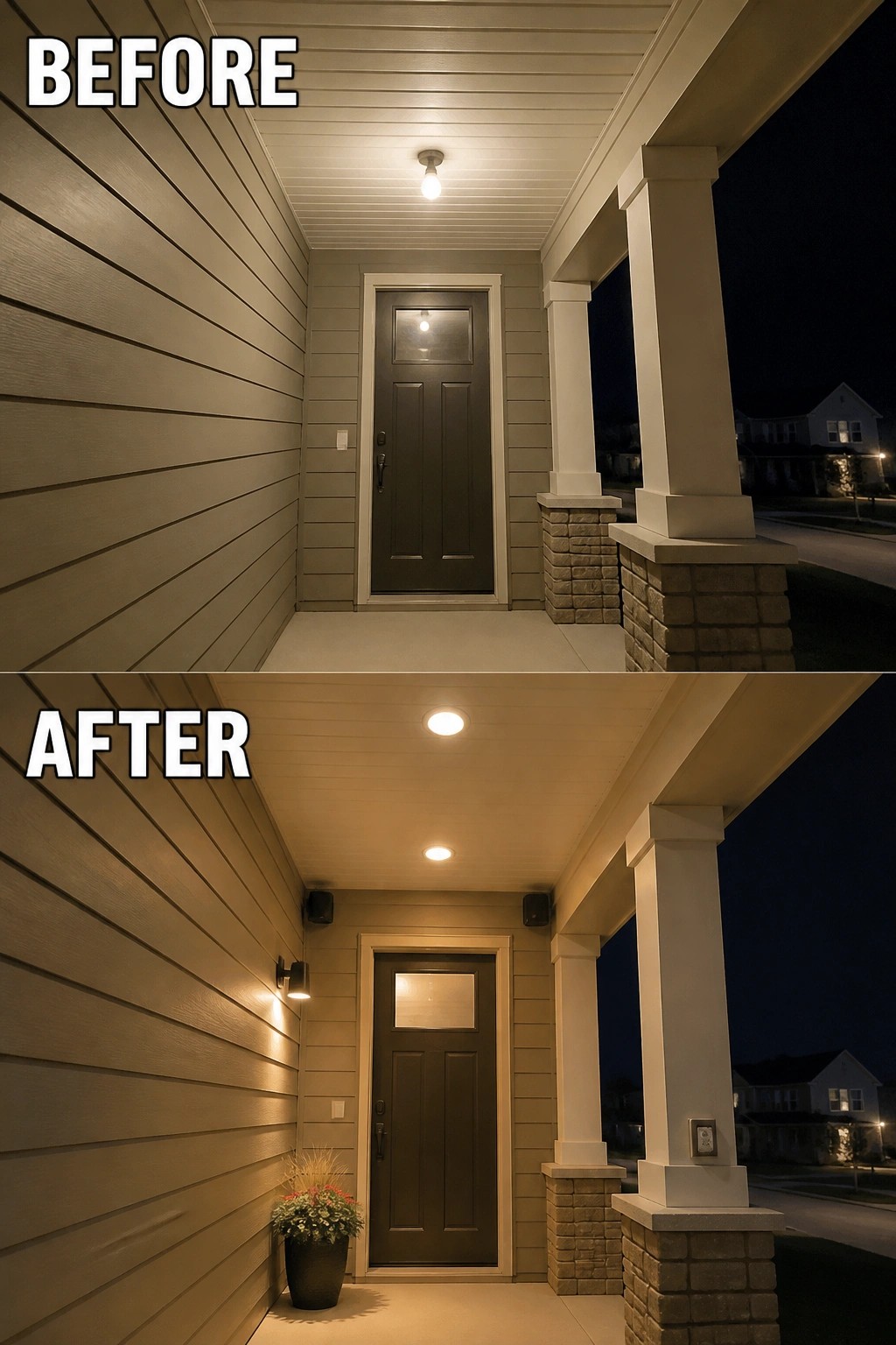 Before and after of a front porch with upgraded lighting and plant at night