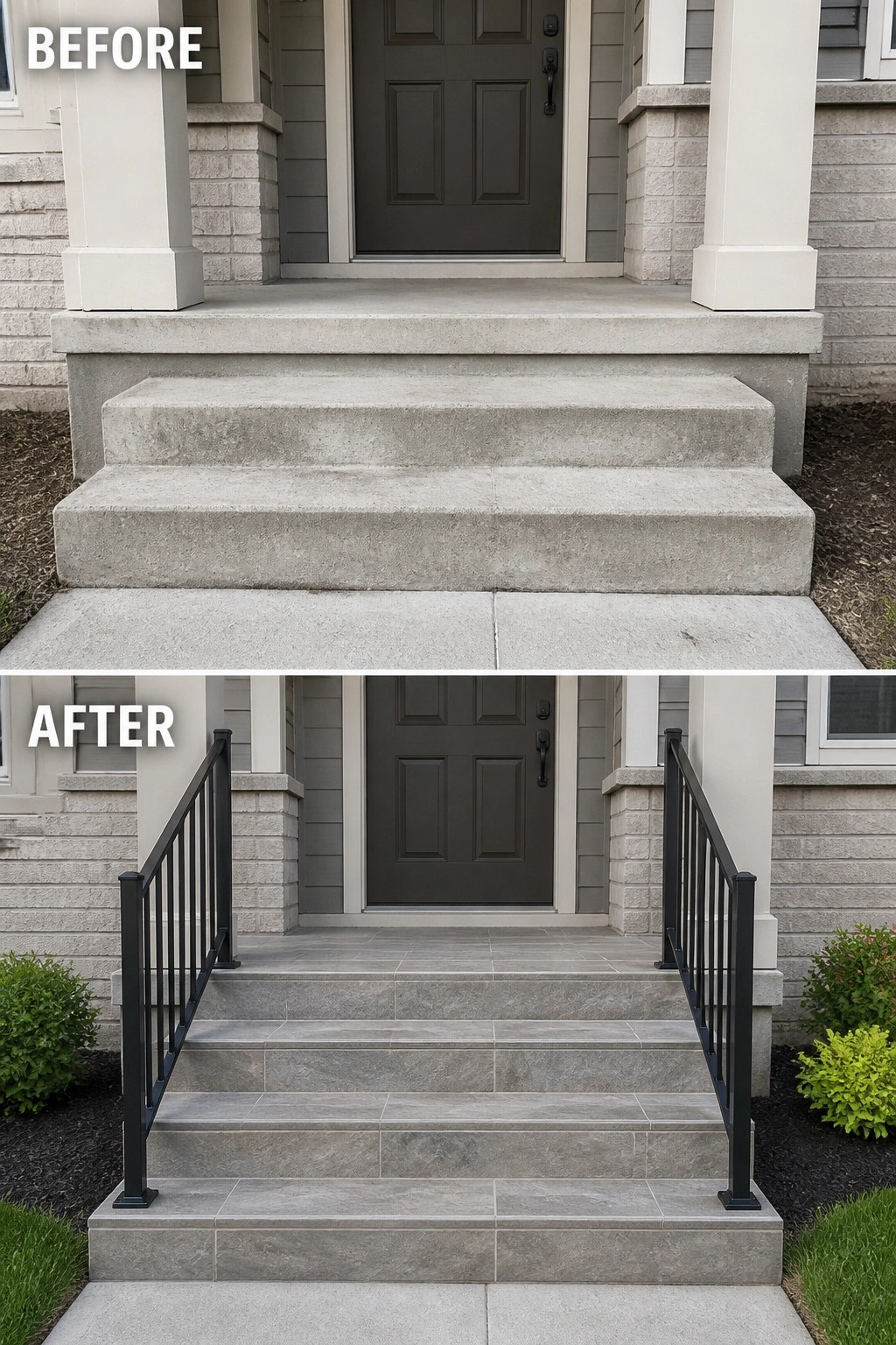 Before-and-after image of concrete front steps updated with gray tile and black metal railings on both sides.