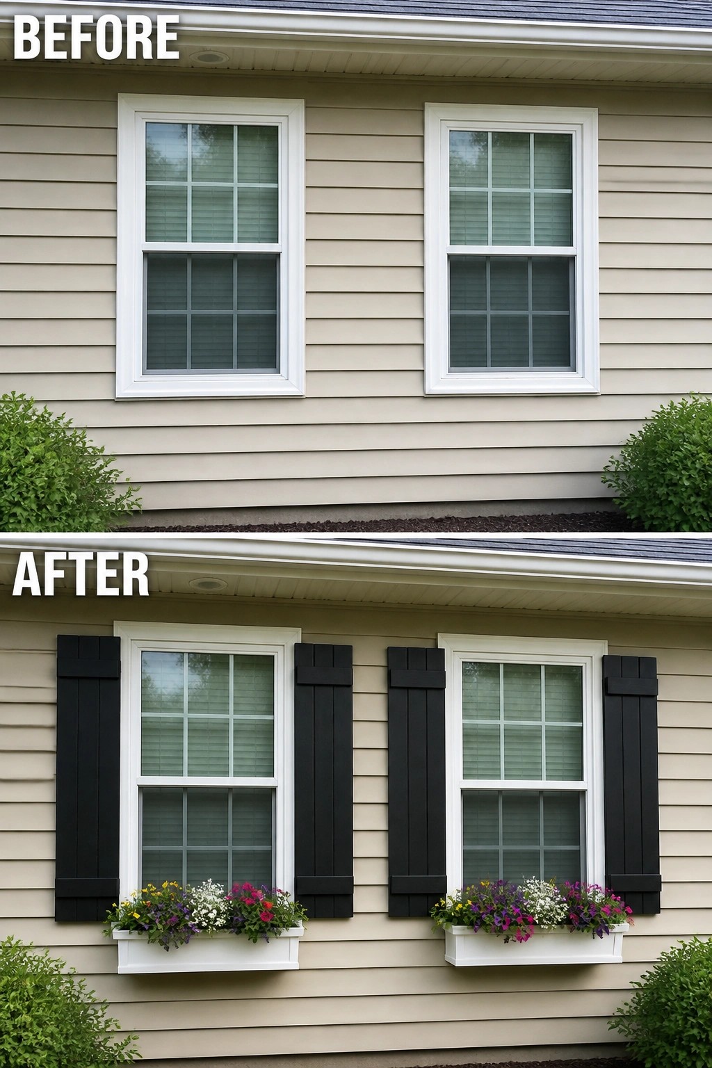 Before-and-after image of a house exterior with plain windows updated by adding black shutters and white flower boxes with colorful plants.