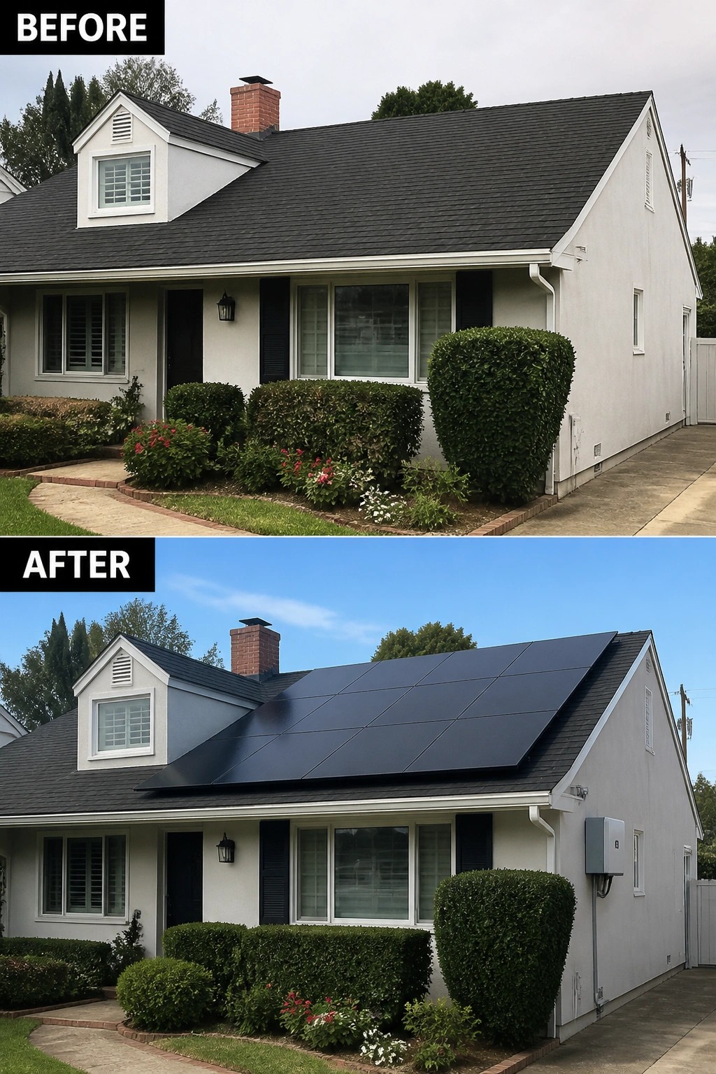 Before and after view of house with solar panels added to roof
