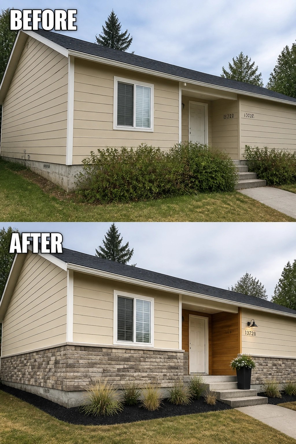 Before and after house exterior with stone base, new door, and landscaping.