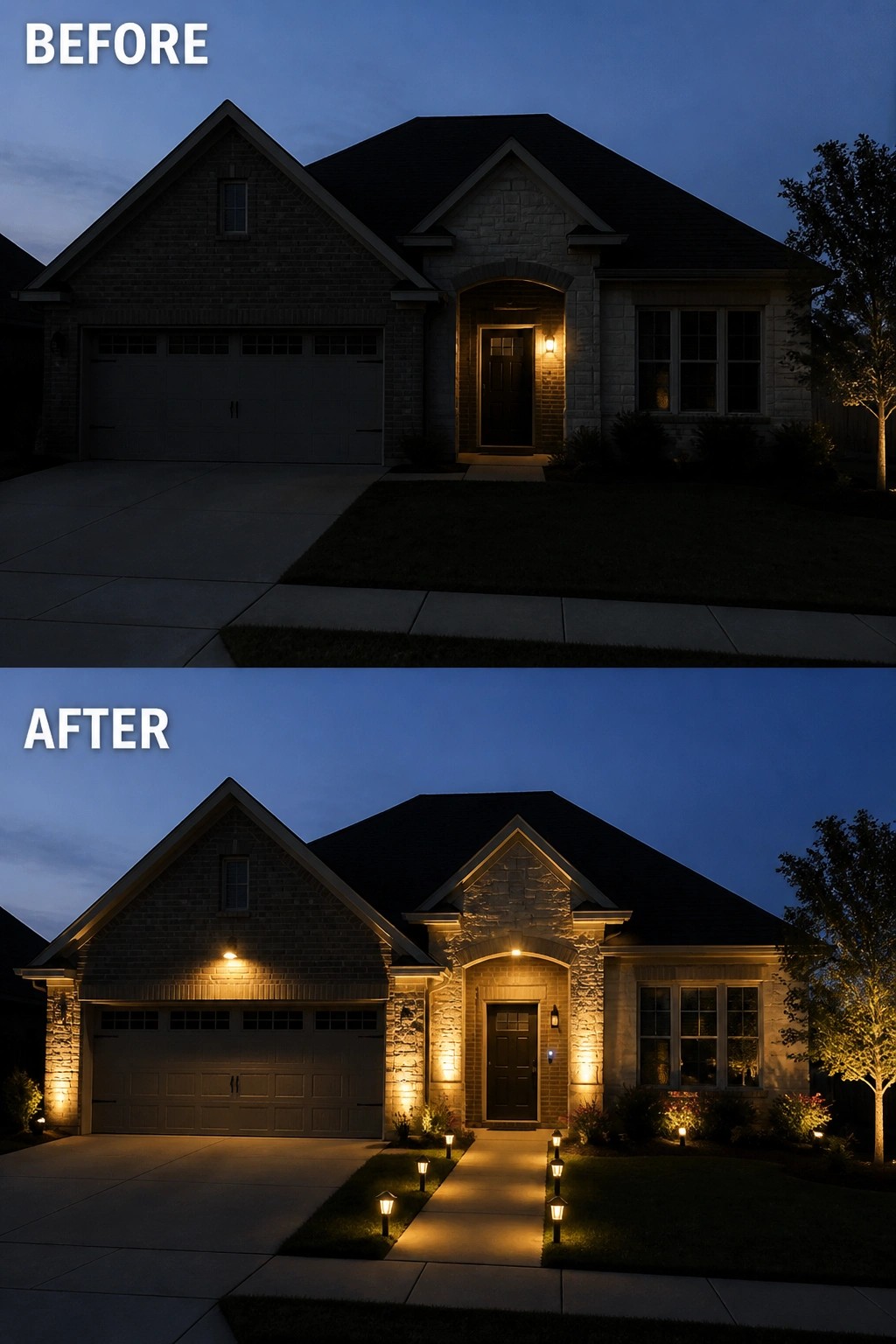 Before and after house exterior with added path and uplighting at night