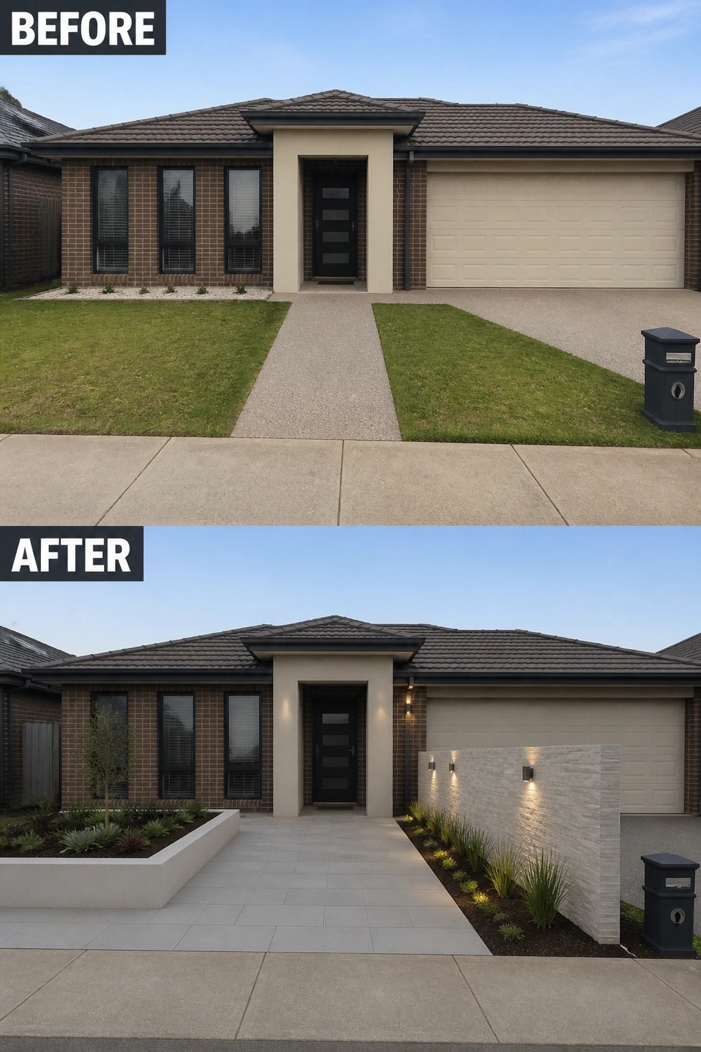 Before and after views of house with updated landscaping, paving and exterior lighting.