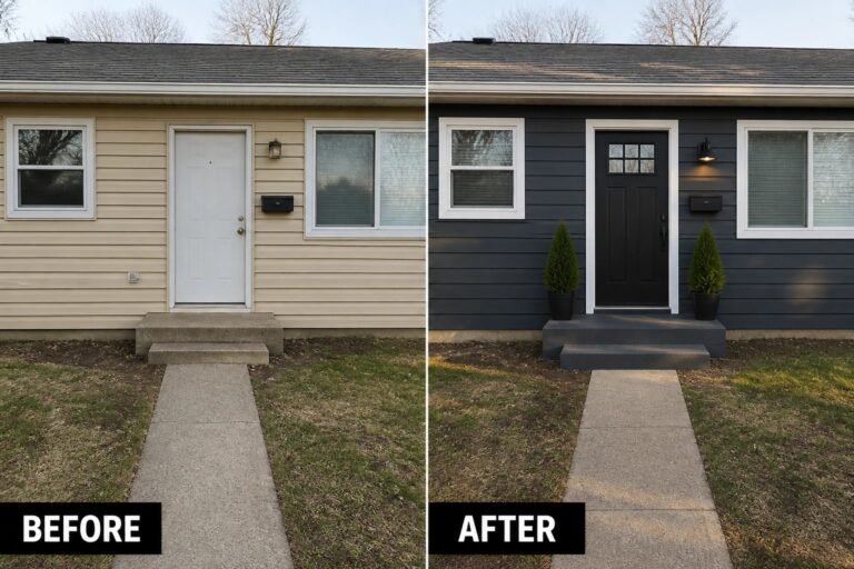 Before-and-after house exterior: beige siding to dark gray with black door and potted shrubs