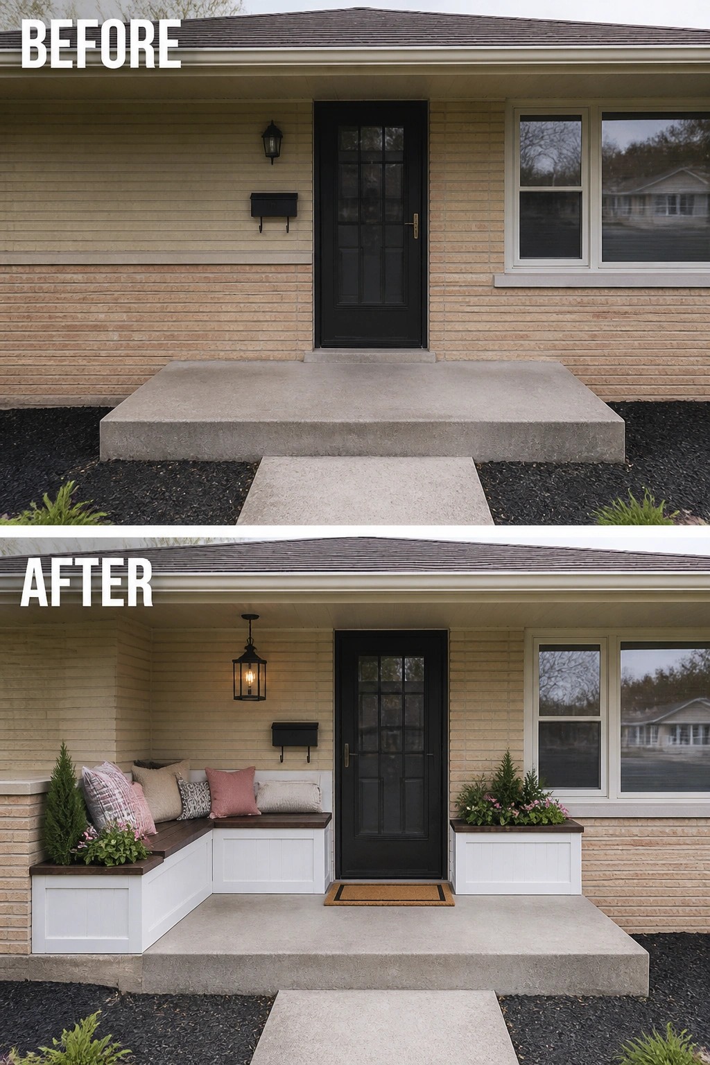 Before-and-after image of a plain front entry updated with built-in benches, side planters, and a hanging lantern.