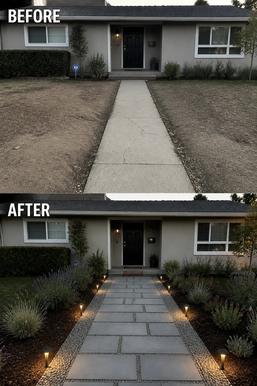 Before and after suburban home with cracked path upgraded to lit stone walkway.