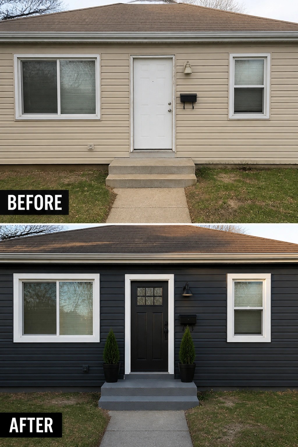 Before-and-after house exterior: beige siding to dark gray with black door and potted shrubs