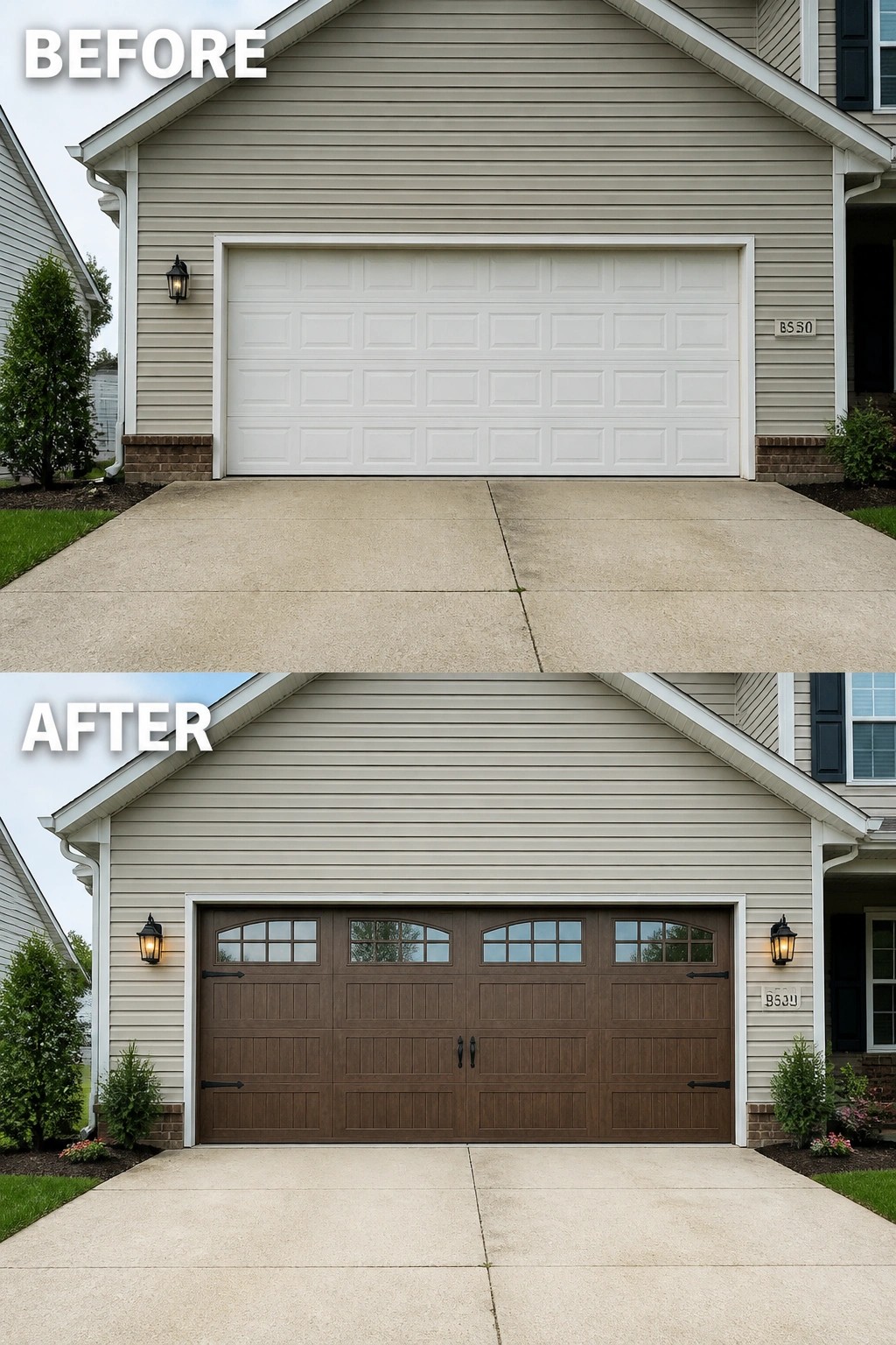 Before-and-after image of a house exterior showing a plain white garage door replaced by a brown wood-style door with windows and updated lighting.