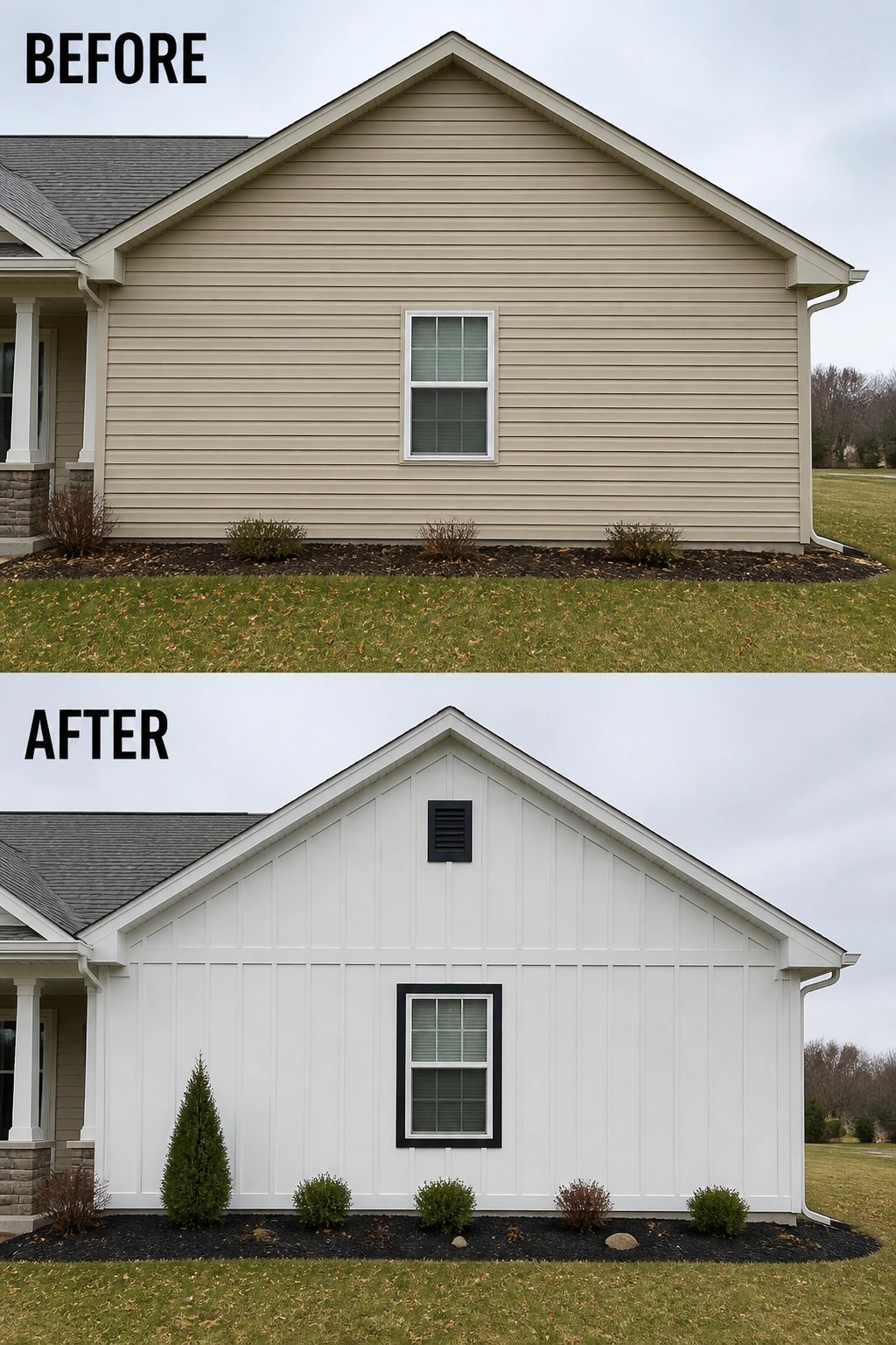 House exterior before and after renovation: beige siding to white vertical panels.