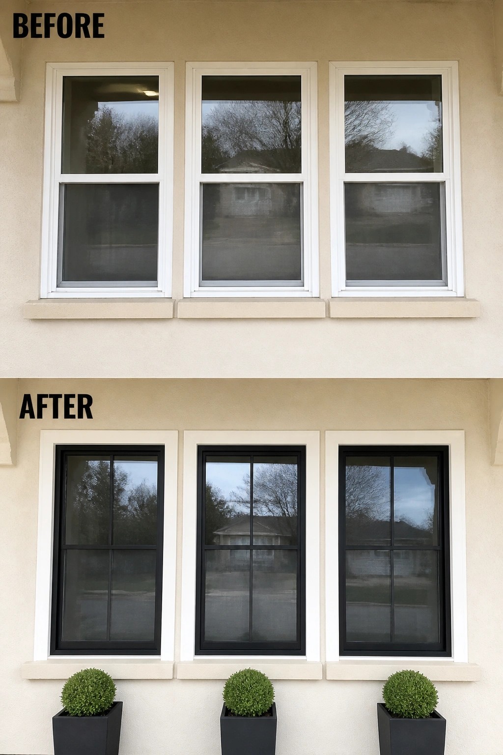 Before and after of white windows replaced with black frames and planters below.