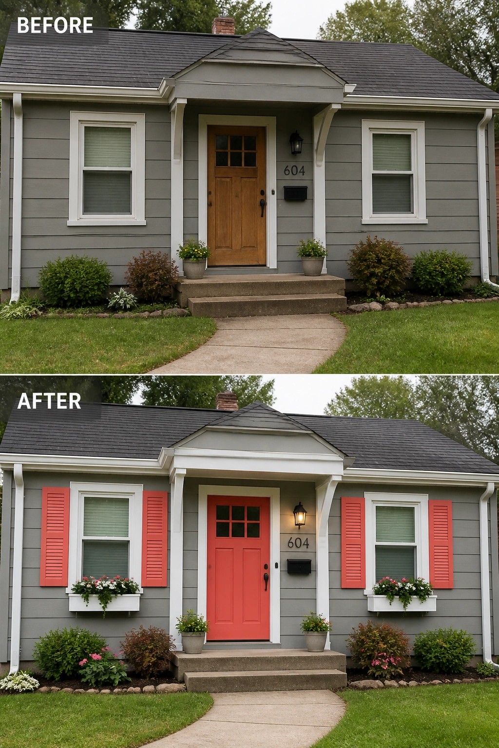 Before-and-after image of a gray house exterior with the front door changed from wood to bright red and red shutters added beside the windows.