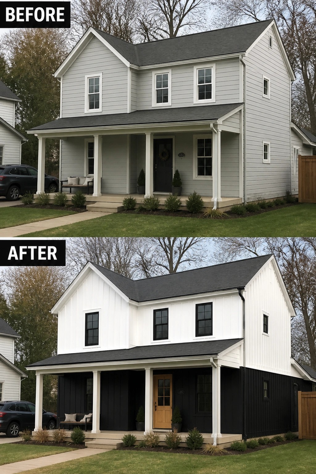 Before-and-after image of a house exterior changed from light gray siding to white upper siding with black lower siding.
