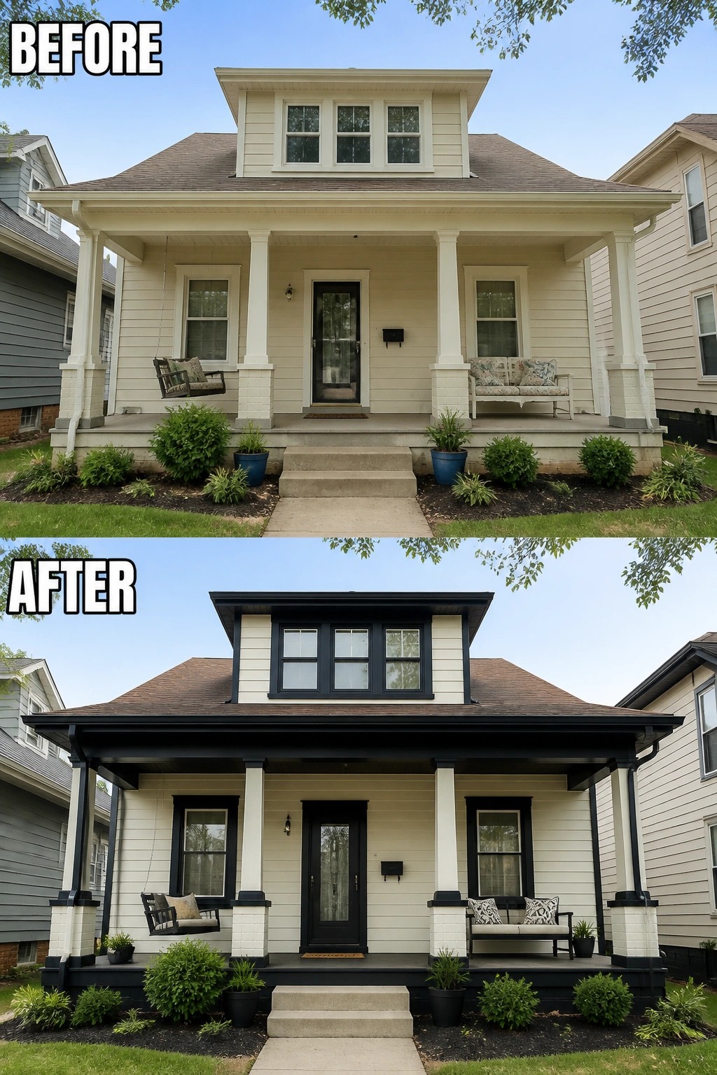 Before and after house porch with white to black trim and accents