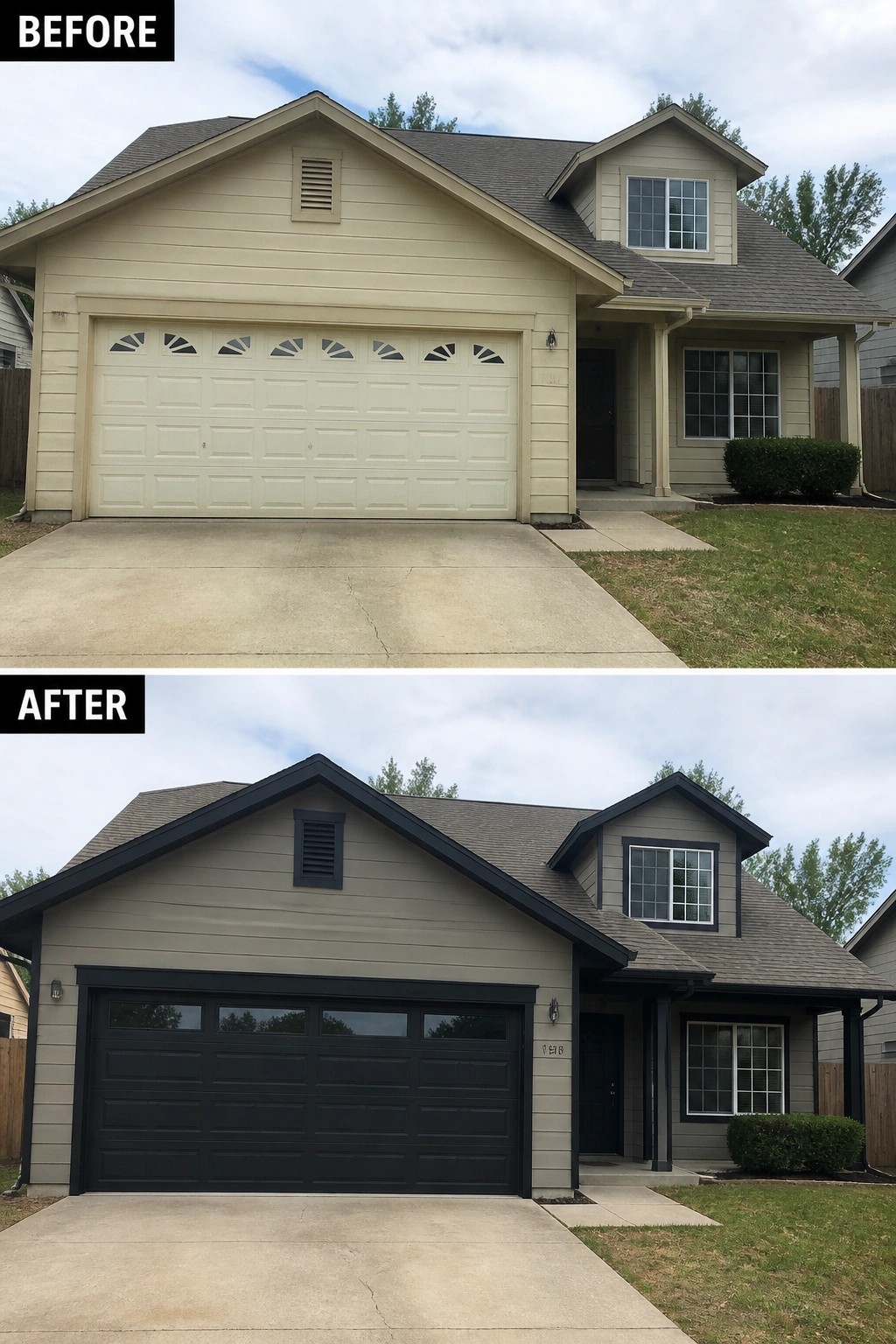 Before and after of beige house repainted gray with black garage door.
