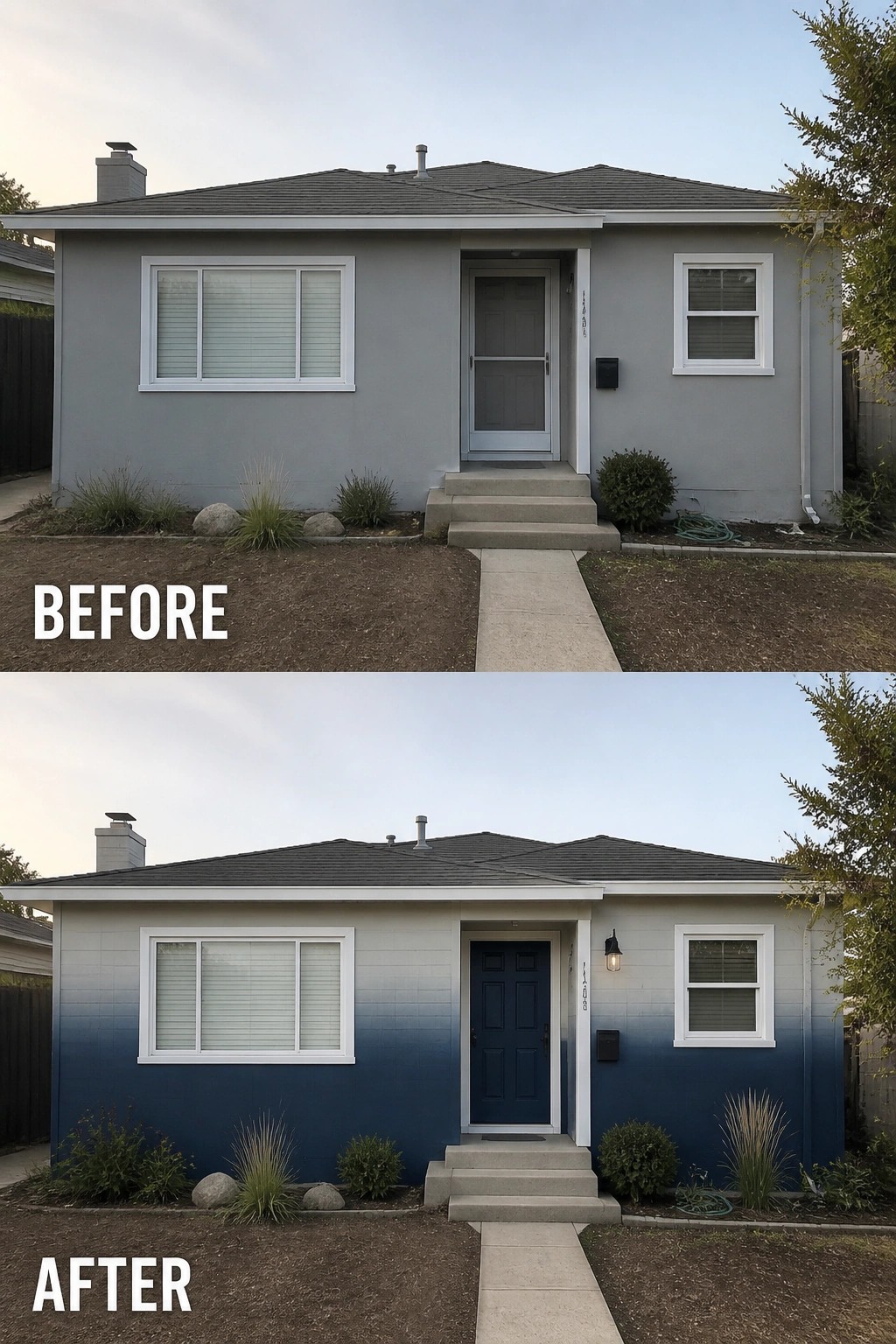 Before-and-after image of a suburban house exterior updated with a blue gradient paint treatment and a navy front door.