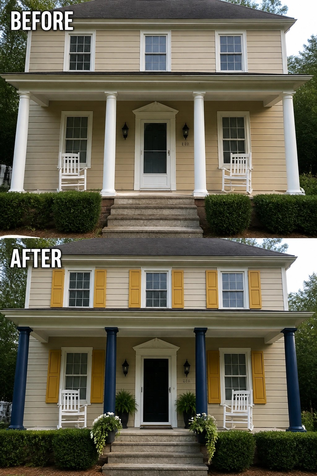 Before and after of beige house with blue columns and yellow shutters added.