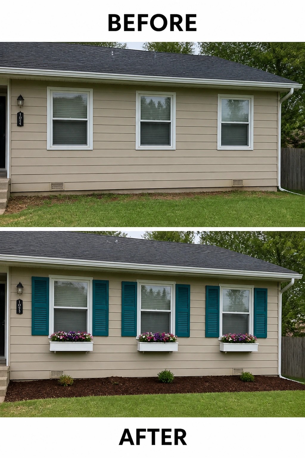 Before and after of house with added teal shutters and flower boxes.